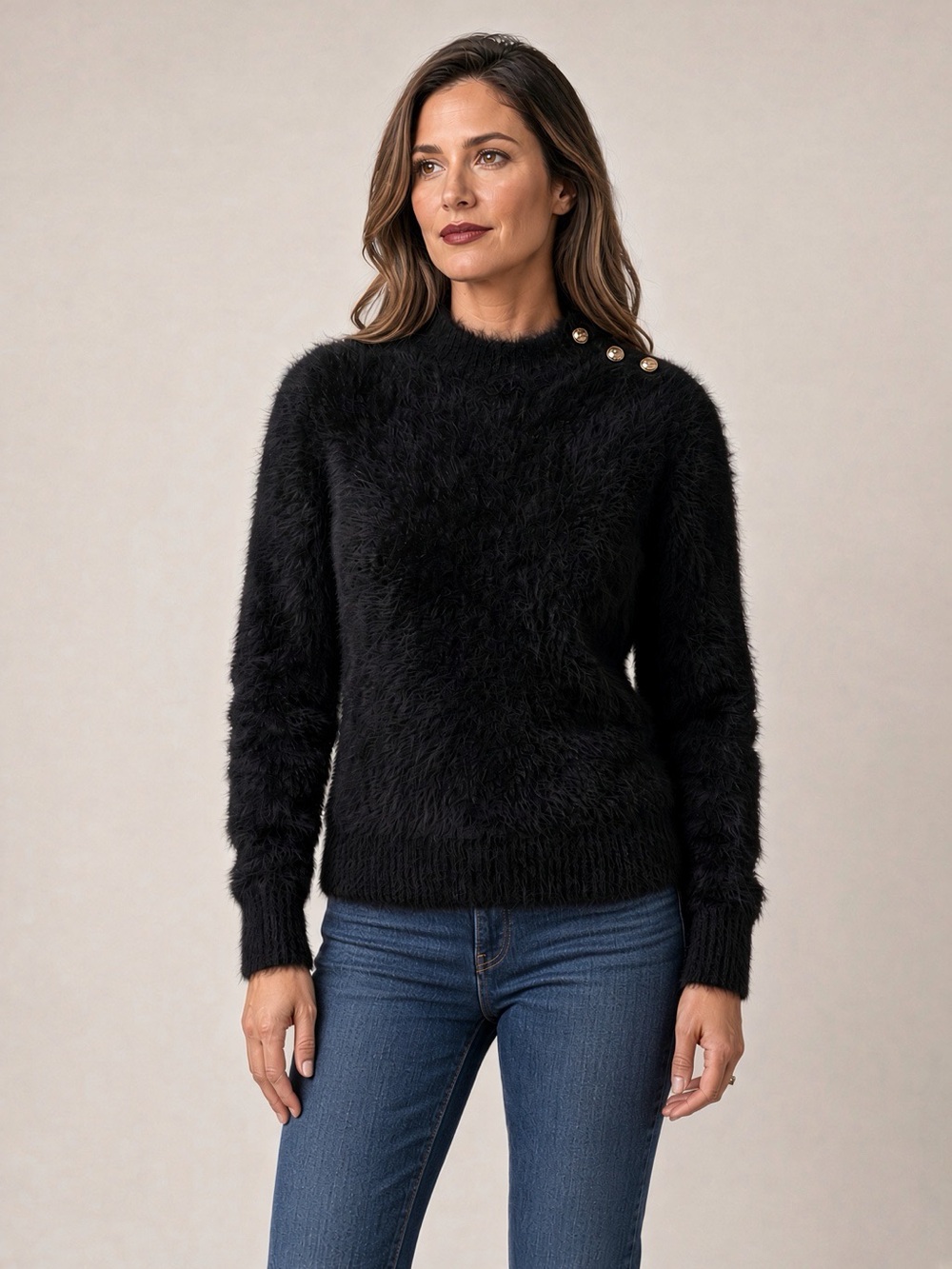 Banana Republic Black Fuzzy Crewneck Sweater with Shoulder Buttons